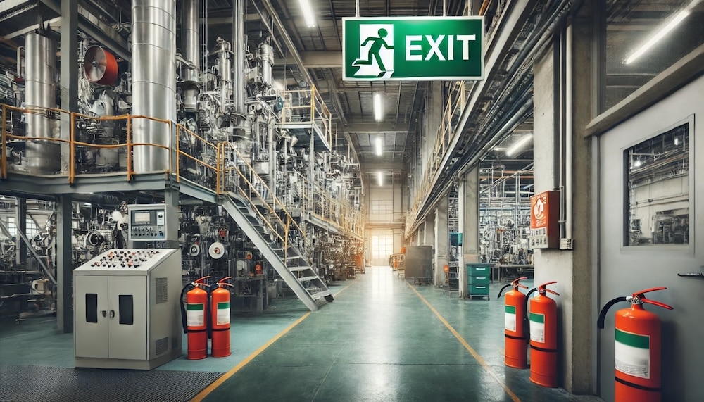 manufacuring plant with fire existinguishers and escape signage